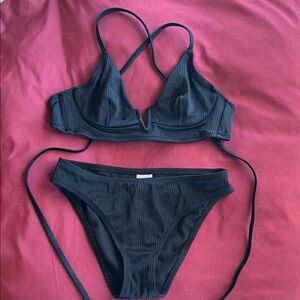 Shade & Shore - Black Ribbed Bikini Set - Bottoms Size S, Top Size 34B